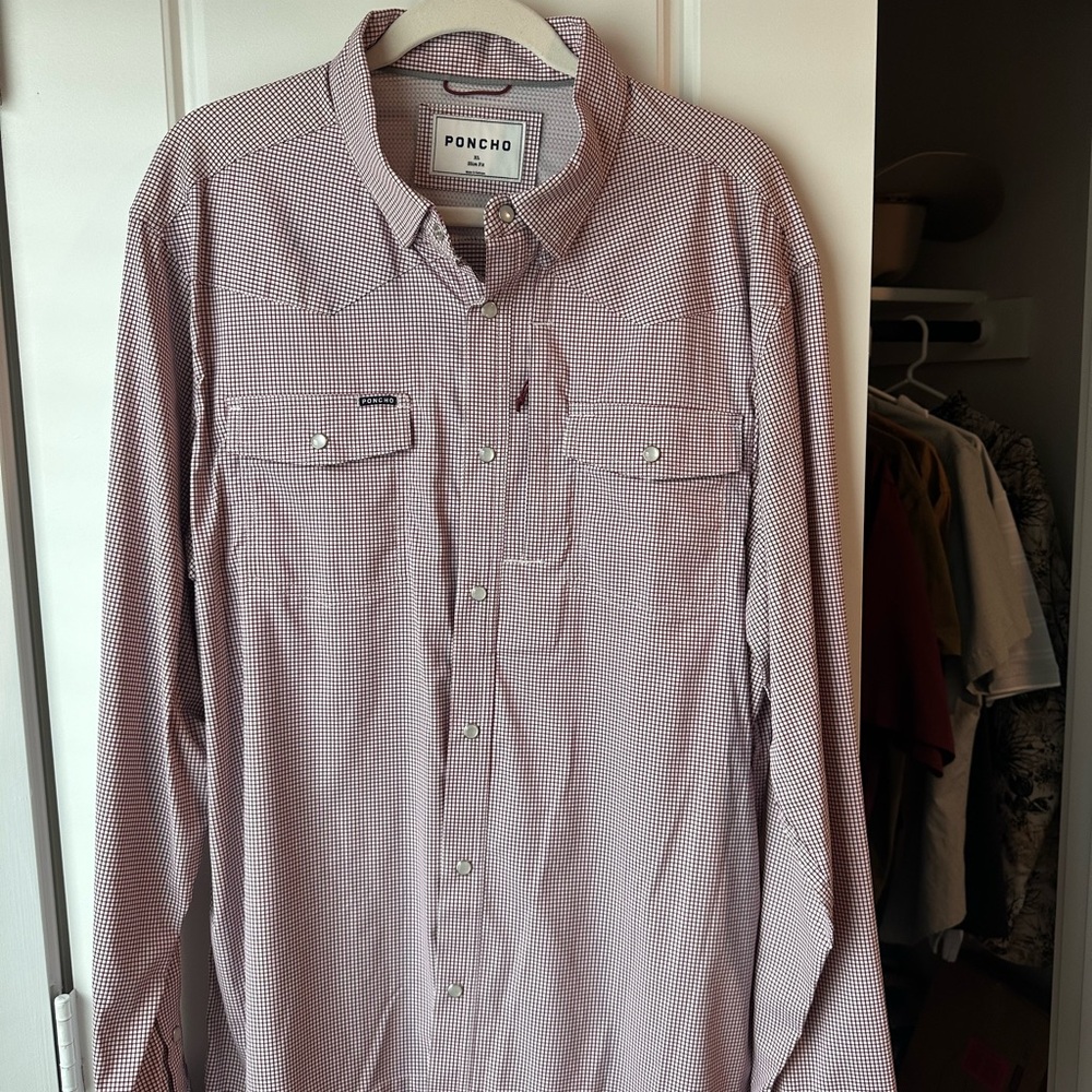 Poncho Maroon Microcheck Long-Sleeve Casual Button-Down Shirt